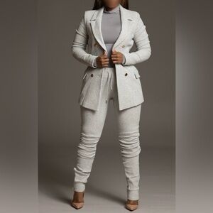 Irregular Exposure Gray Sweat Blazer and Pant Set